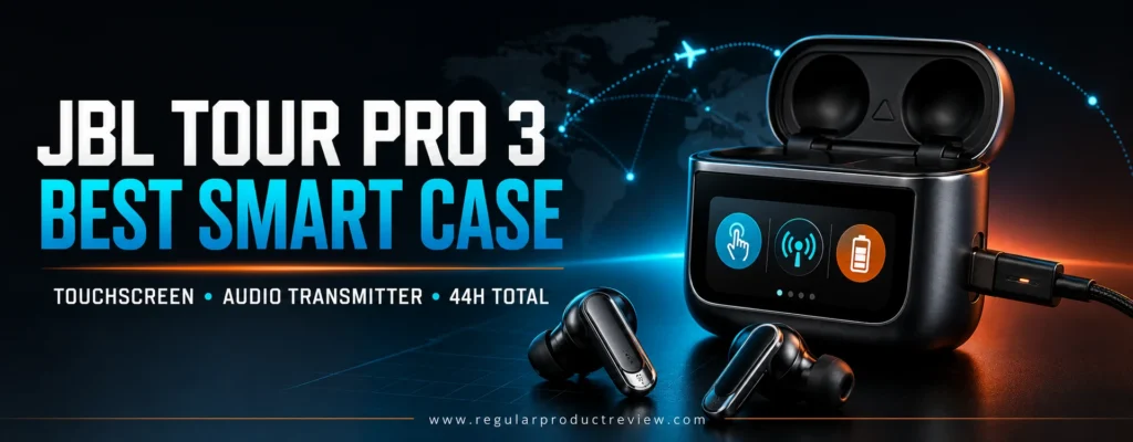 JBL Tour Pro 3 wireless earbuds with a smart charging case, premium sound, noise cancellation, clear calls, and convenient touch controls

