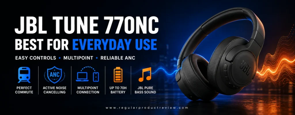 JBL Tune 770NC headphones with ANC, multipoint connectivity, long battery life, and commute icons