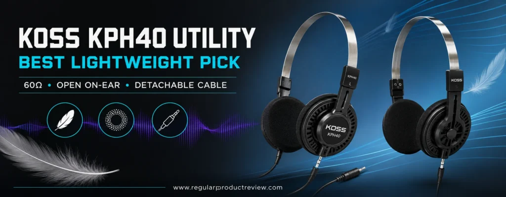 Koss KPH40 Utility lightweight on-ear headphones displayed from front and side angles