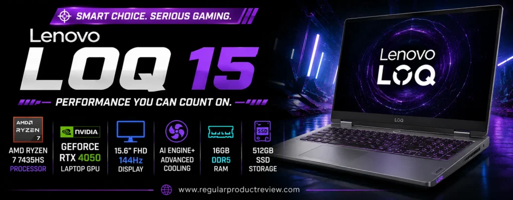 Lenovo LOQ 15 gaming laptop featuring an AMD Ryzen 7 processor, NVIDIA GeForce RTX 4060 Laptop GPU, 15.6-inch Full HD 144Hz display, Lenovo AI Engine+, and reliable gaming performance.