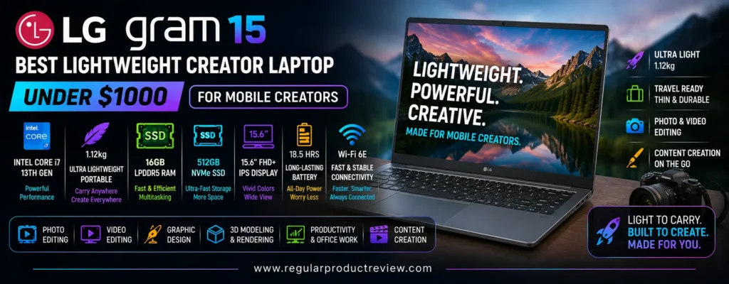 LG gram 15 lightweight creator laptop under $1000 for mobile creators, photo editing, video editing, graphic design, and content creation
