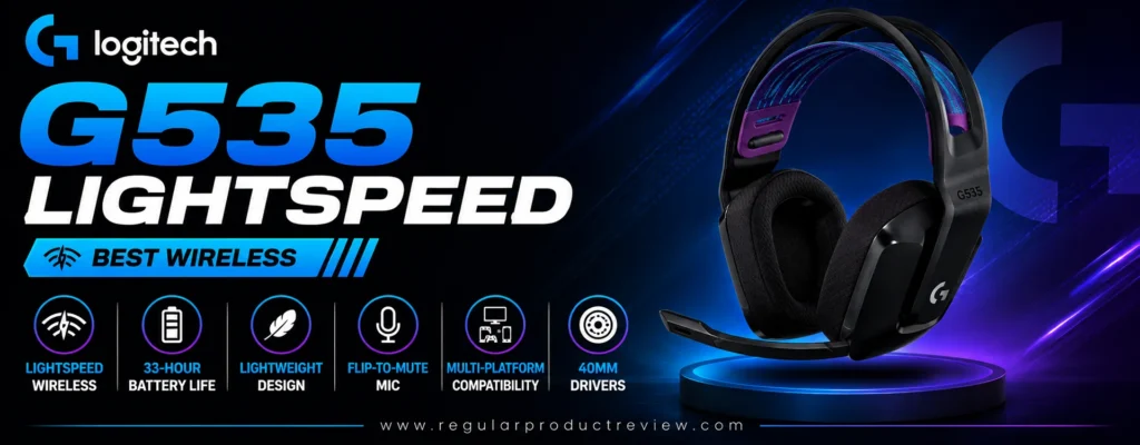 Logitech G535 Lightspeed wireless gaming headset featuring LIGHTSPEED wireless technology, 33-hour battery life, lightweight design, flip-to-mute microphone, 40mm drivers, and multi-platform compatibility as one of the best wireless gaming headsets under $100.