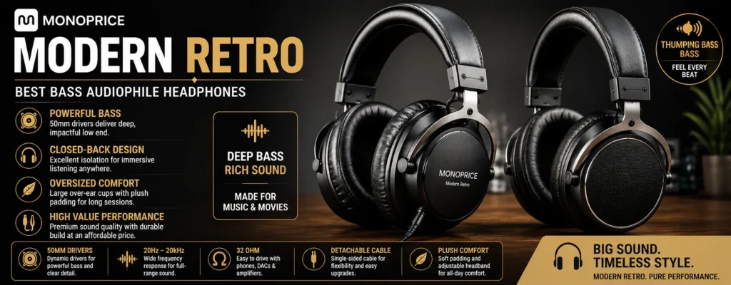 Monoprice Modern Retro closed-back headphones shown from two angles with deep bass features