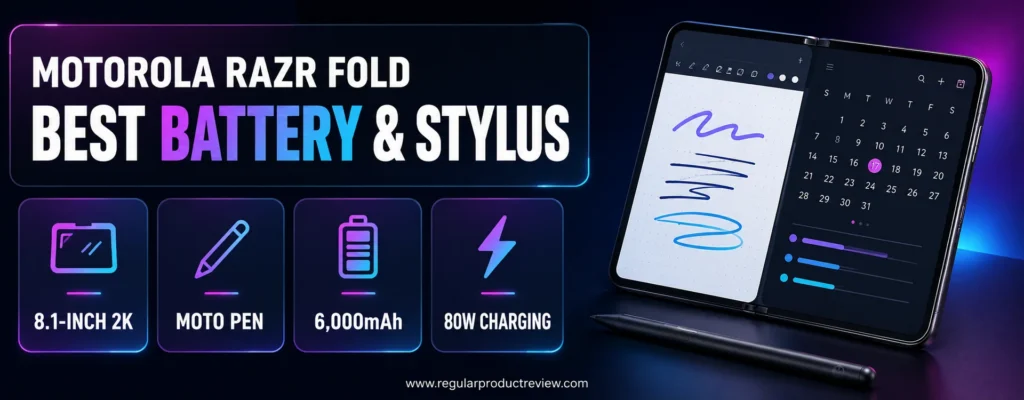 Motorola Razr Fold with an 8.1-inch 2K display, Moto Pen support, 6,000mAh battery, and 80W charging