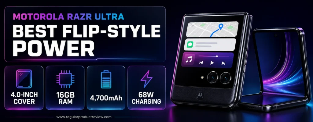 Motorola Razr Ultra featuring a 4-inch cover display, 16GB RAM, 4,700mAh battery, and 68W fast charging