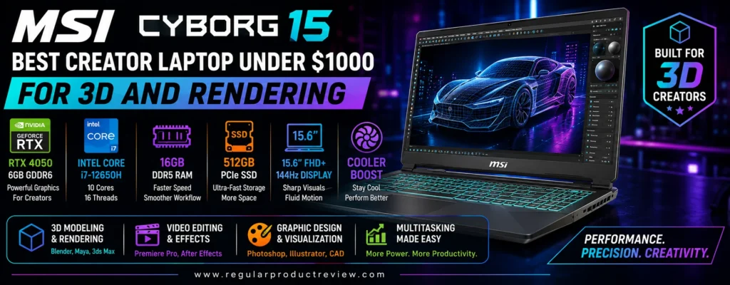 MSI Cyborg 15 creator laptop under $1000 for 3D modeling and rendering with RTX graphics, Intel Core i7, and 16GB RAM