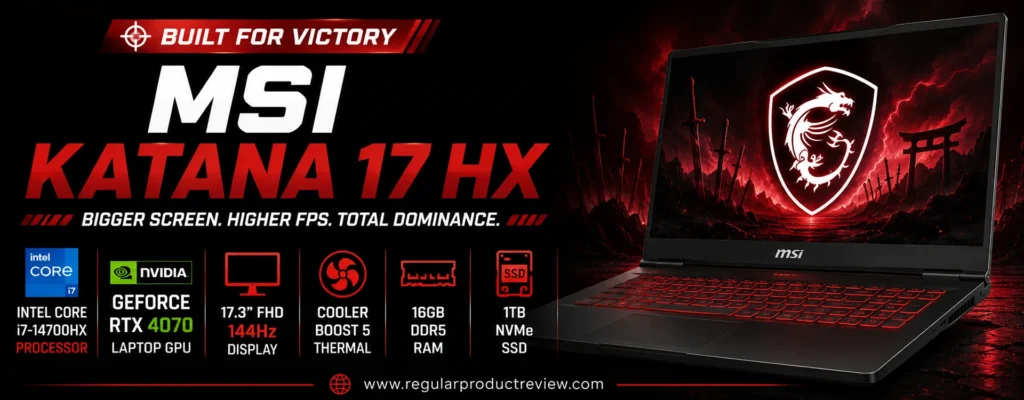 MSI Katana 17 HX gaming laptop featuring an Intel Core i9 HX processor, NVIDIA GeForce RTX 5070 Laptop GPU, 17.3-inch QHD 240Hz display, Cooler Boost 5 cooling technology, and high-performance gaming design.