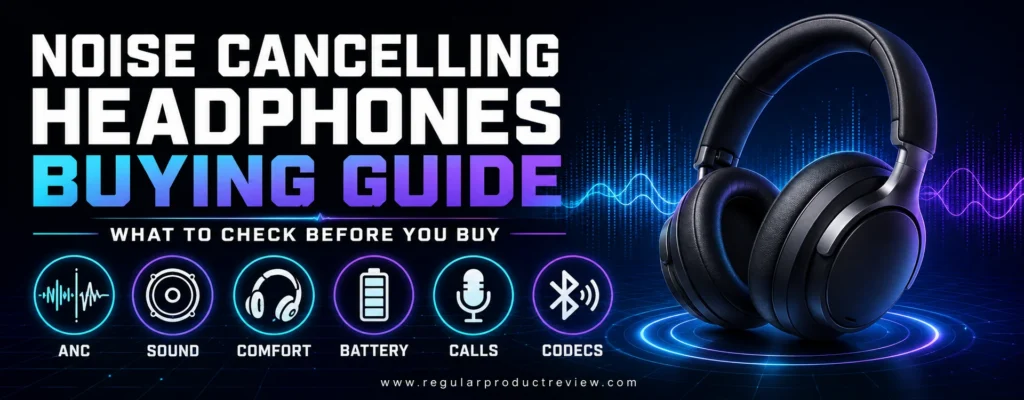 Noise cancelling headphones buying guide with ANC, sound, comfort, battery, calls, and codec icons
