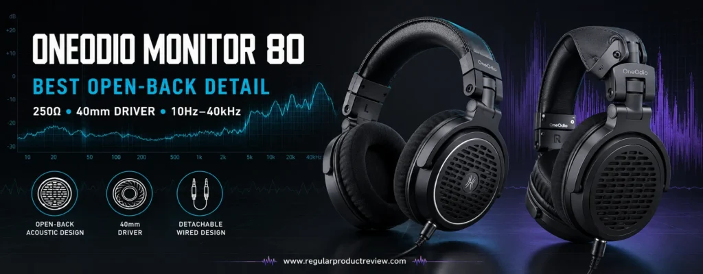 OneOdio Monitor 80 open-back headphones shown from two angles with 250-ohm studio specifications