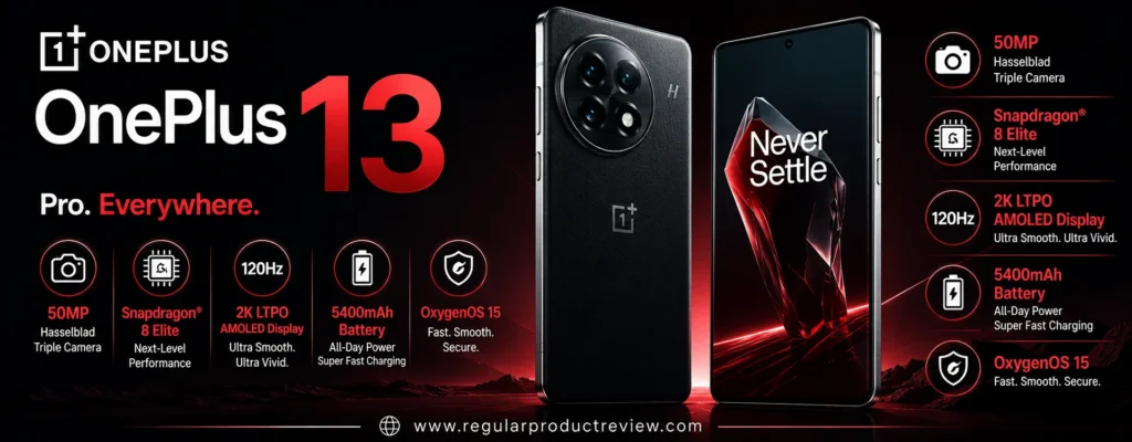 OnePlus 13 showing front and rear design with 50MP Hasselblad triple camera, Snapdragon 8 Elite, and 2K 120Hz LTPO AMOLED display