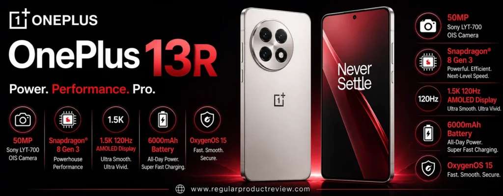 OnePlus 13R showing front and rear design with 50MP Sony LYT-700 OIS camera, Snapdragon 8 Gen 3, and 120Hz AMOLED display