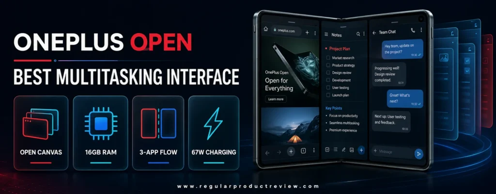 OnePlus Open with Open Canvas, 16GB RAM, three-app multitasking, and 67W charging