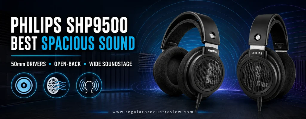Philips SHP9500 open-back headphones with two full product views and wide soundstage features