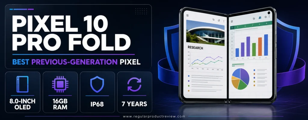 Google Pixel 10 Pro Fold featuring an 8-inch OLED display, 16GB RAM, IP68 protection, and advanced multitasking tools