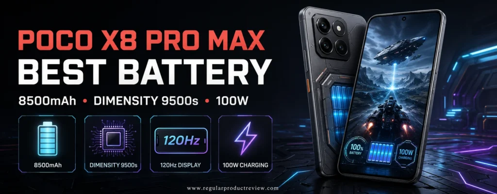 POCO X8 Pro Max gaming phone with 8500mAh battery, Dimensity 9500s processor, 120Hz display, and 100W charging