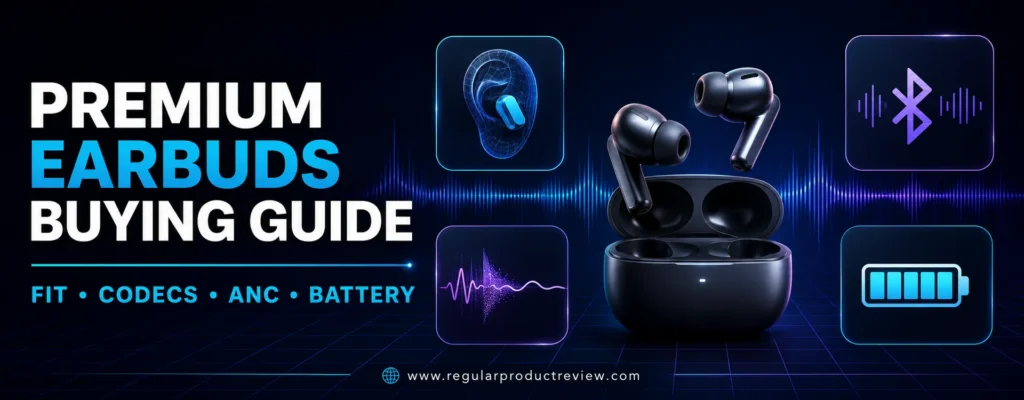 Premium earbuds buying guide covering sound quality, active noise cancellation, comfort, battery life, call performance, codecs, and smart features
