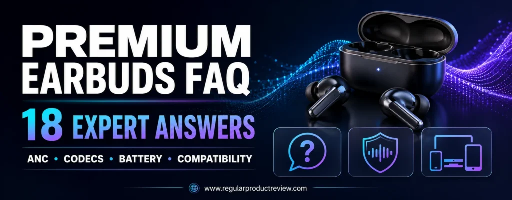 Premium earbuds FAQ answering common questions about sound quality, noise cancellation, comfort, battery life, codecs, calls, and compatibility
