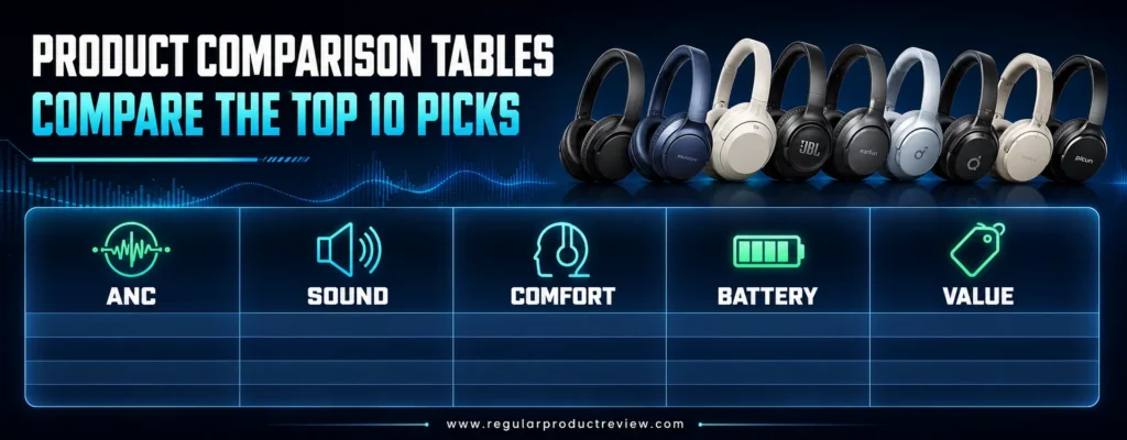 Noise cancelling headphones comparison table for ANC, sound, comfort, battery life, and value