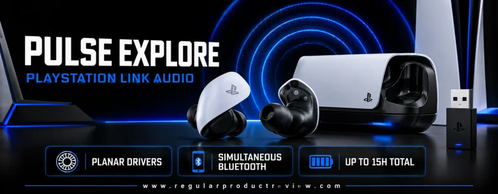 PULSE Explore earbuds shown from both sides with charging case and PlayStation Link USB adapter