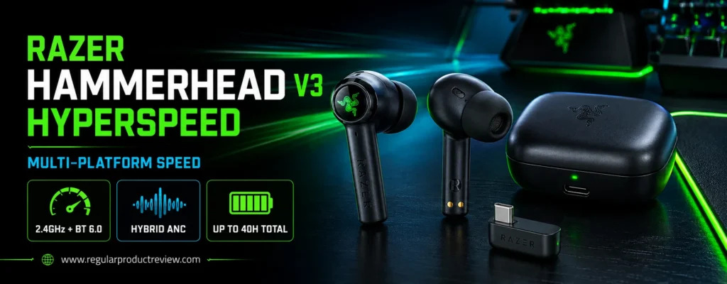 Razer Hammerhead V3 HyperSpeed earbuds with two-sided views, charging case, and low-latency dongle