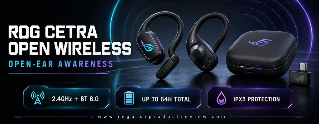 ROG Cetra Open Wireless open-ear gaming earbuds shown from both sides with case and USB-C dongle