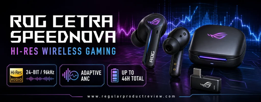 ROG Cetra SpeedNova earbuds from two sides with charging case, dongle, Hi-Res audio, and adaptive ANC