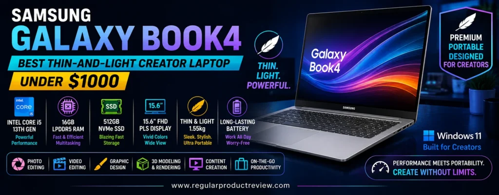 Samsung Galaxy Book4 thin-and-light creator laptop under $1000 for photo editing, video editing, graphic design, and mobile content creation