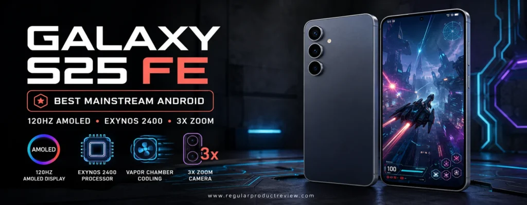Samsung Galaxy S25 FE Android gaming phone with 120Hz AMOLED display, Exynos 2400 processor, cooling, and 3x zoom camera