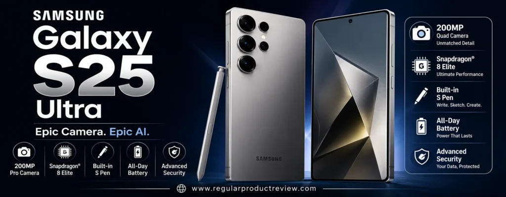 Samsung Galaxy S25 Ultra showing front and rear design with 200MP camera, S Pen, and AI features