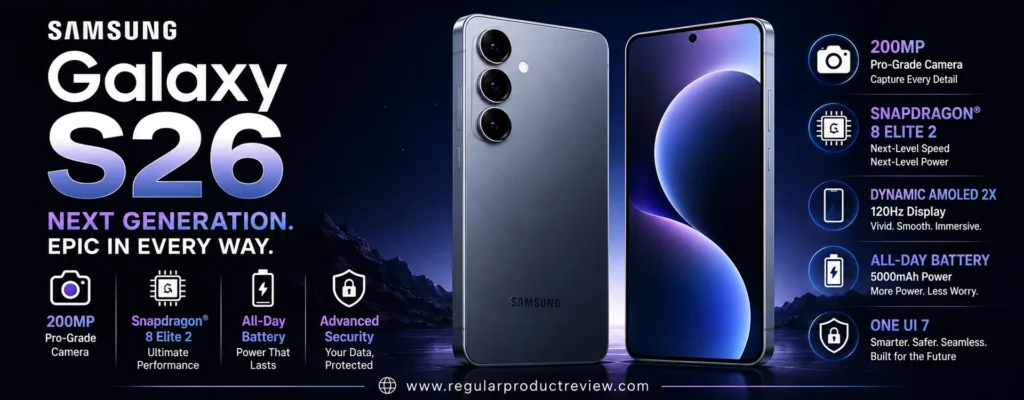 Samsung Galaxy S26 showing front and rear design with a 200MP camera, Dynamic AMOLED 2X display, and advanced performance