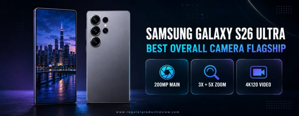 Samsung Galaxy S26 Ultra camera phone shown from the front and back
