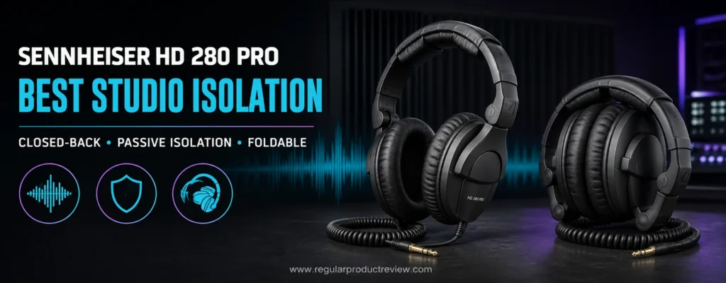Sennheiser HD 280 Pro closed-back studio headphones shown open and folded for passive isolation