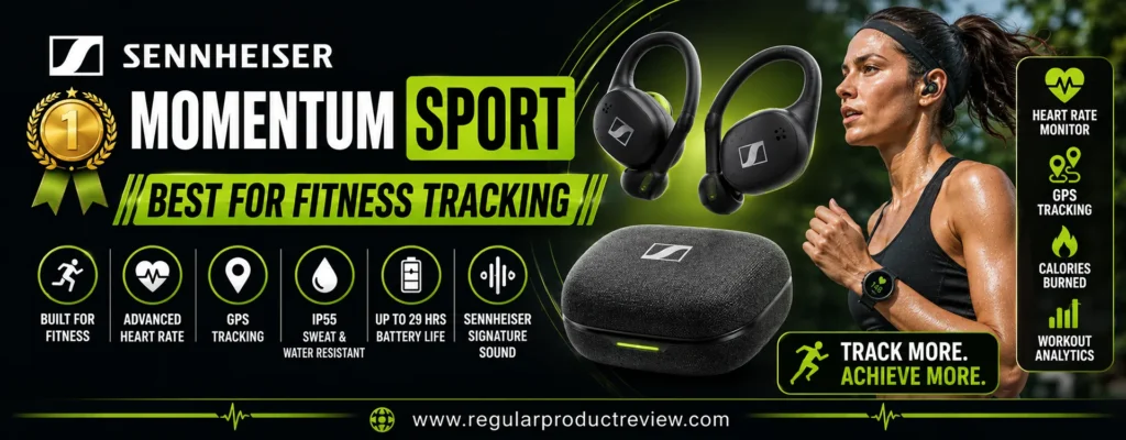Sennheiser MOMENTUM Sport wireless fitness earbuds featuring heart rate monitoring, body temperature tracking, Adaptive Active Noise Cancellation, premium sound, and secure fit for workouts.