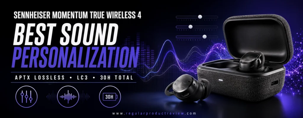 Sennheiser Momentum True Wireless 4 with charging case, featuring personalized sound, premium audio, noise cancellation, and comfortable listening
