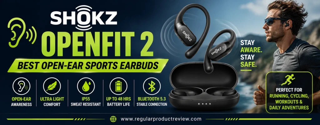 Shokz OpenFit 2 open-ear wireless sports earbuds featuring lightweight comfort, situational awareness, IP55 sweat resistance, Bluetooth connectivity, and long battery life for outdoor workouts.