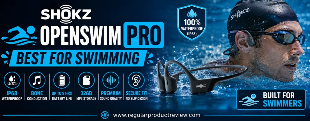 Shokz OpenSwim Pro bone conduction swimming headphones featuring IP68 waterproof protection, 32GB MP3 storage, open-ear design, and secure fit for swimmers and water sports.