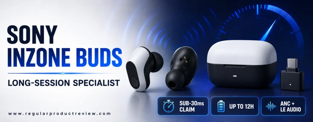 Sony INZONE Buds shown from outer and inner sides with charging case and low-latency USB-C transmitter