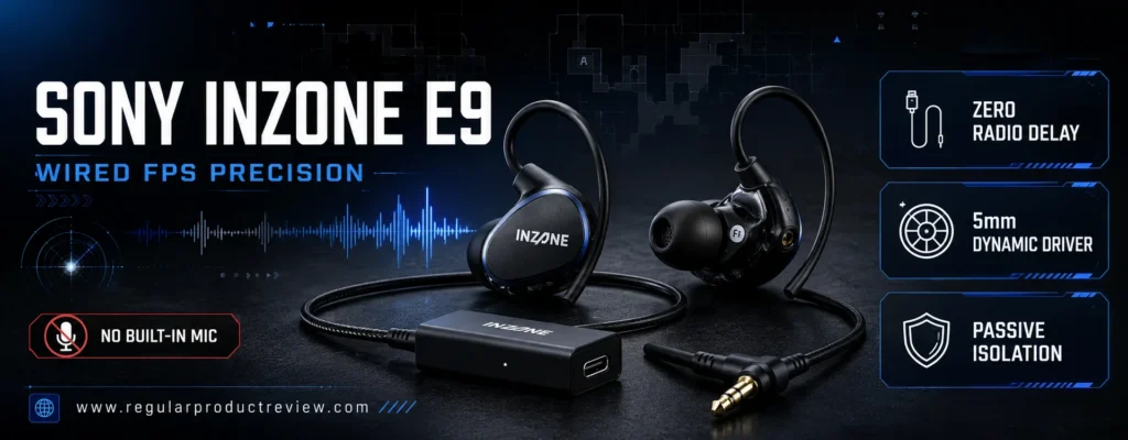 Sony INZONE E9 wired gaming IEMs shown from two sides with USB-C audio box and 3.5mm cable