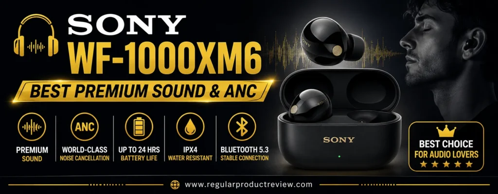 Sony WF-1000XM6 premium wireless earbuds featuring industry-leading Active Noise Cancellation, Hi-Res Audio, immersive sound quality, Bluetooth connectivity, and all-day comfort for workouts and everyday listening.