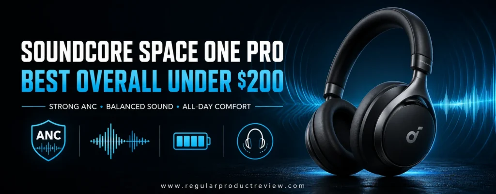 Soundcore Space One Pro headphones with strong ANC, balanced sound, long battery life, and comfort icons