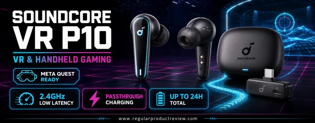 soundcore VR P10 earbuds shown from both sides with case and USB-C passthrough charging dongle