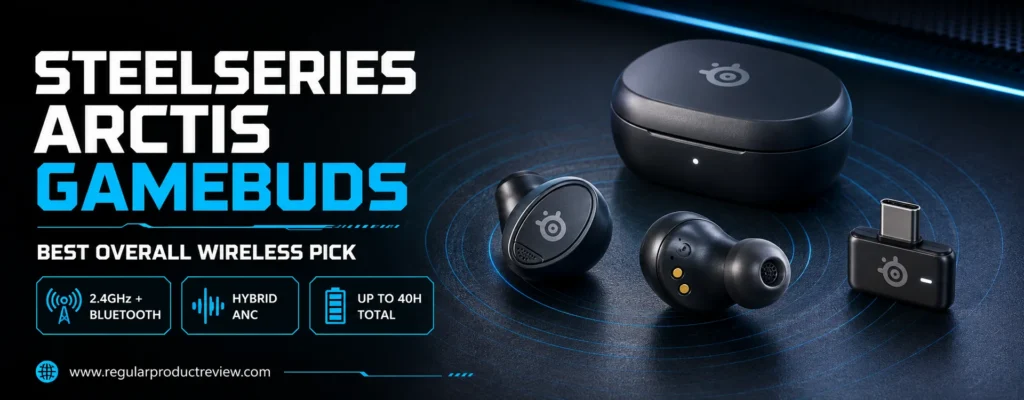 SteelSeries Arctis GameBuds shown from outer and inner sides with charging case and USB-C dongle