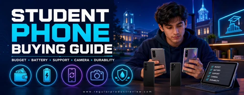 Student phone buying guide covering budget, performance, battery life, display quality, cameras, storage, durability, and software support

