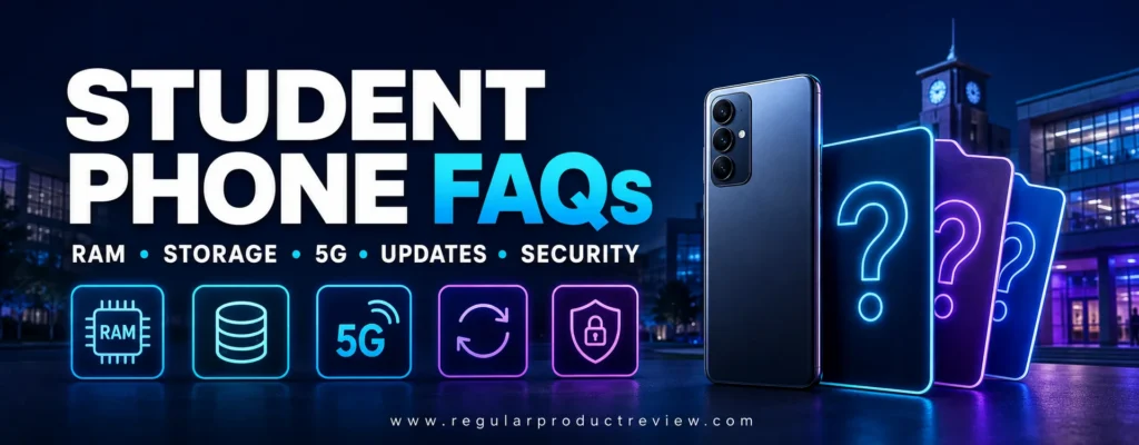 Student phone FAQs answering common questions about budget, performance, battery life, storage, cameras, durability, and software support
