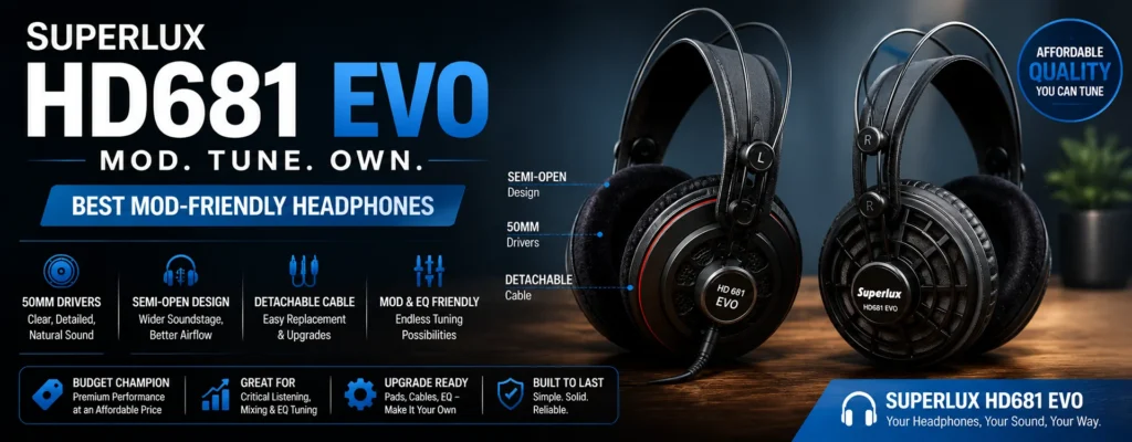 Superlux HD681 EVO semi-open headphones shown from front and rear angles for EQ and pad customization
