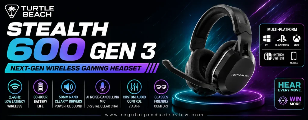 Turtle Beach Stealth 600 Gen 3 wireless gaming headset featuring 2.4GHz low-latency wireless, 80-hour battery life, 50mm Nanoclear drivers, AI noise-canceling microphone, multi-platform compatibility, and premium comfort for console gaming.