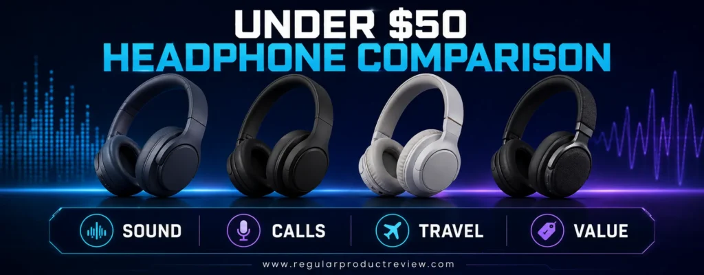 Comparison of wireless headphones under $50 for sound, comfort, battery life, and features