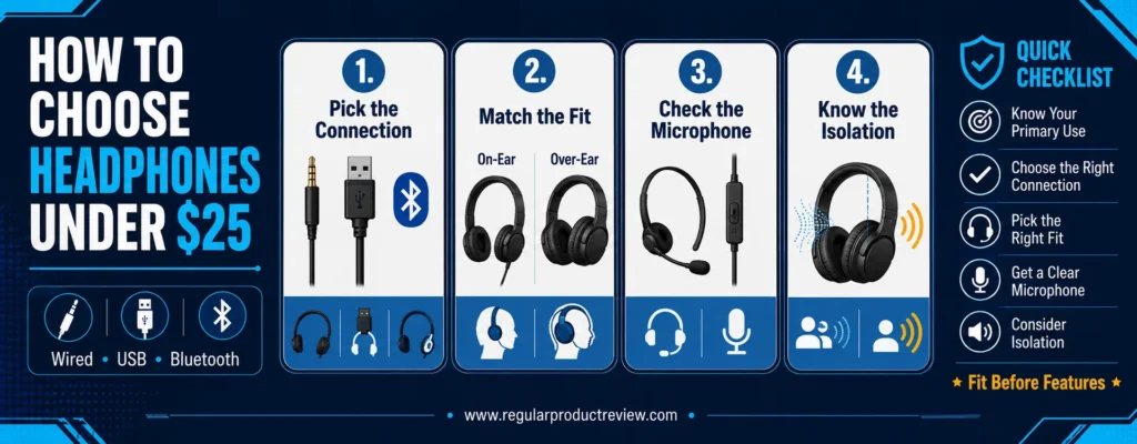 Headphones under $25 buying guide covering connection, fit, microphone, and isolation