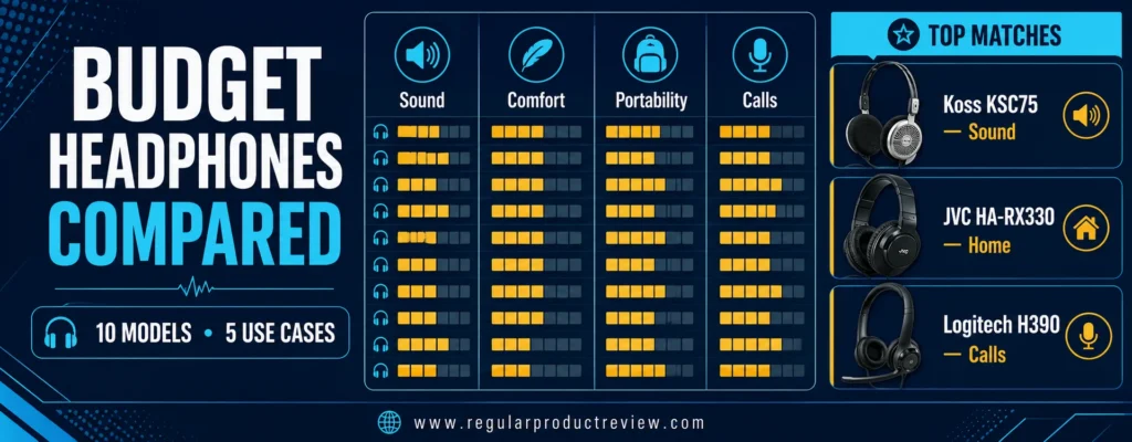 Budget headphones under $25 comparison for sound, comfort, portability, and calls