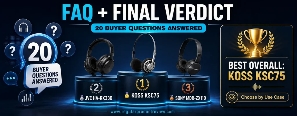 Budget headphones under $25 final verdict with Koss KSC75, JVC HA-RX330, and Sony MDR-ZX110